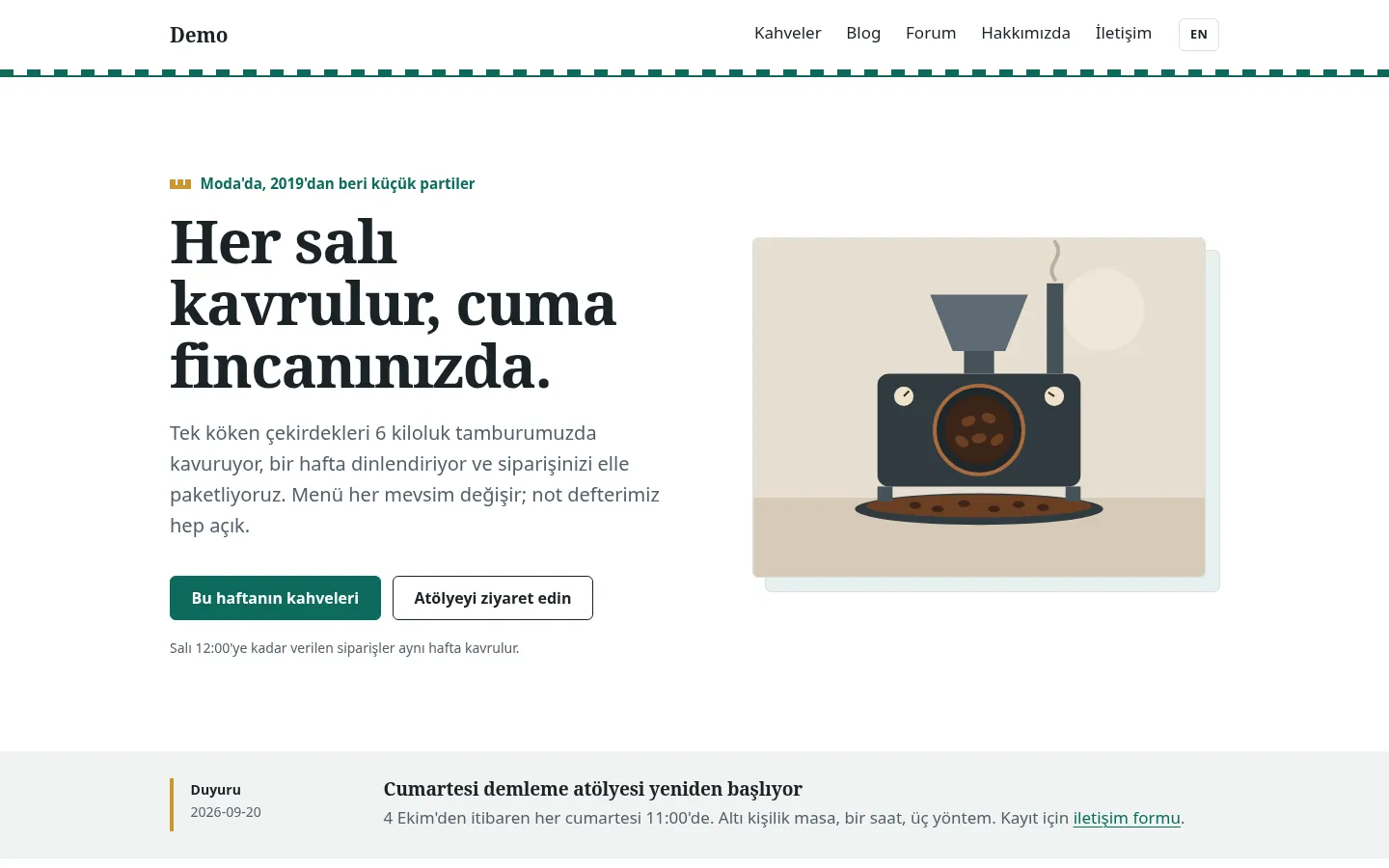 The home page of a sample coffee roaster site built with HisarBlok